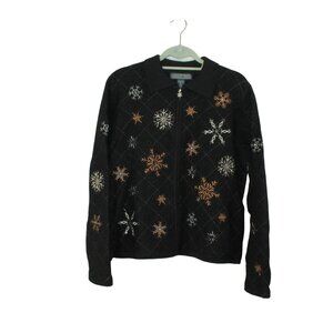 Herman Geist Full Zip Embroidered Beaded Snowflake Sweater Black Wool XL